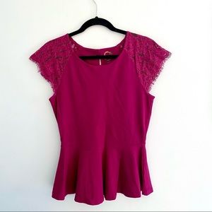Fuchsia Peplum Top with Lace Cap Sleeves, Medium